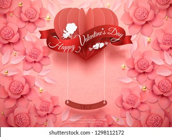 Happy Valentine's Day design with pink paper flowers and hanging heart in 3d illustration