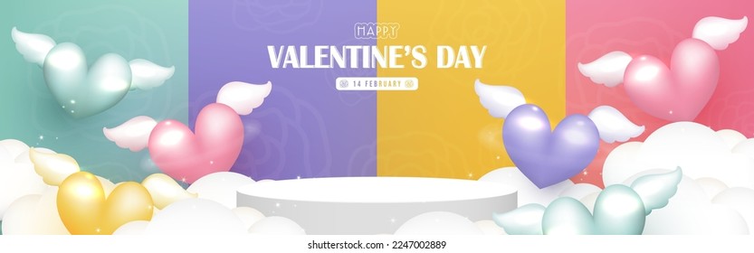 Happy Valentine's Day design with Podium for product display and Hearts with wings on colorful background. Valentine's day background.  Vector illustration.