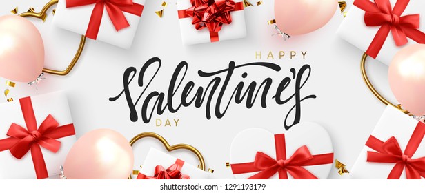 Happy Valentine's Day. Design with realistic objects, gift box in the shape of heart, balloons of pink, bright decor elements. Horizontal poster, greeting cards, headers, website. viewed from above. 