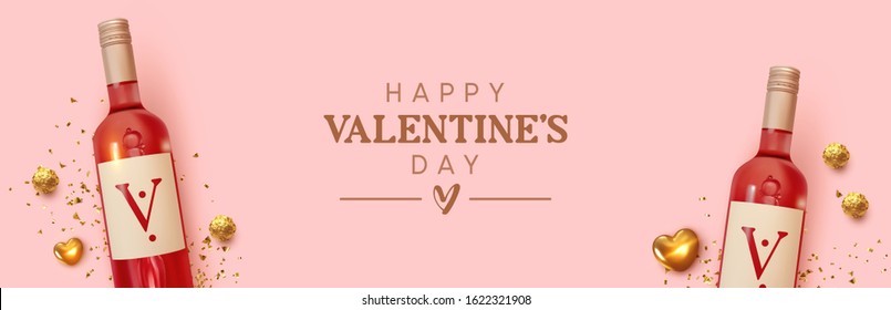 Happy Valentines Day. Design with realistic two bottles of alcoholic wine red varieties, chocolate candies in gold foil, golden 3d hearts and glitter confetti. Romantic background