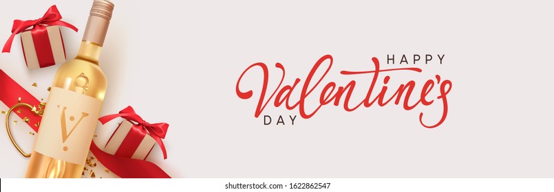 Happy Valentines Day. Design with realistic bottles of alcohol wine white varieties, gift box with red ribbon and bow, golden 3d hearts and glitter confetti. Romantic background. Vector objects
