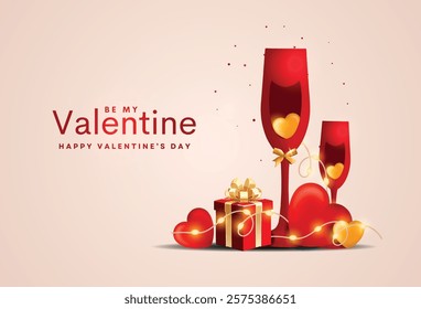 Happy Valentine's day design. Realistic red hearts with Full of decorative festive object and light bulb. Holiday banner, web poster, flyer, stylish brochure, greeting card, cover. Romantic background