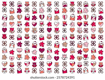 Happy Valentine's Day design. Repetitive Pattern Love Symbols. Stylish Valentine's Day Decoration. Poster, Banner, flyer, and Greeting Card. Cheerful, modern, and Romanic Wall Decoration. Pink Hearts 