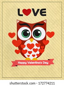 Happy Valentine`s day design in retro style with  heart and cute owl. Vector