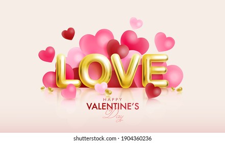 Happy Valentine's day design. Seasonal marketing design greeting card with golden love alphabet and heart shaped Balloons on pink background. 3D vector illustration