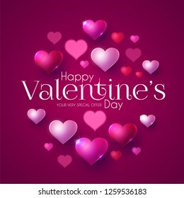 Happy Valentine's Day Design Template with Glossy Hearts. Vector illustration