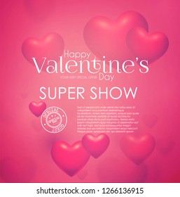 Happy Valentine's Day Design Template with Glossy Hearts. Vector illustration