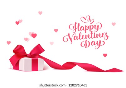 Happy Valentine's Day design template. Decorative gift box with red bow and long ribbon isolated on white background with blur hearts. Vector illustration. Holiday decoration
