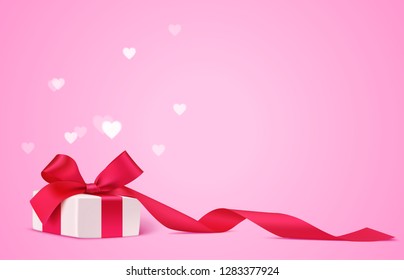 Happy Valentine's Day design template. Decorative gift box with red bow and long ribbon on pink background with blur hearts. Vector illustration. Holiday decoration