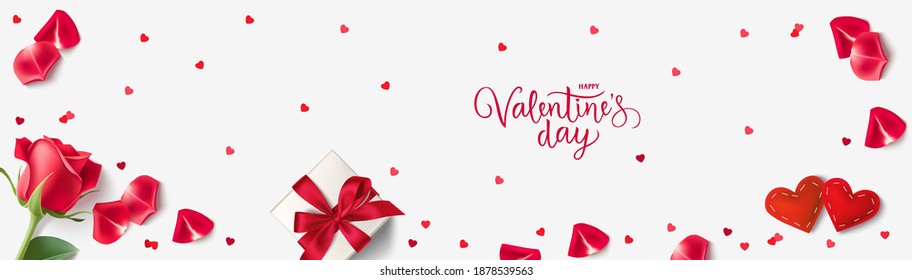 Happy Valentine's Day design template. Vector lettering. Holiday greeting text. Valentines Day background with gift box, red hearts, confetti,  rose and red rose petals.