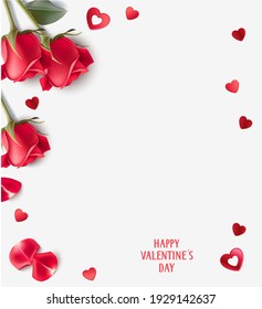 Happy Valentine's Day design template. Holiday greeting text. Valentines Day background with  red hearts confetti, rose and red rose petals isolated on gray. Vector stock illustration	
