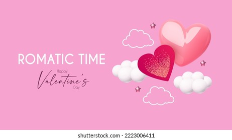 Happy Valentine's day design template with 3D glossy hearts flying in clous