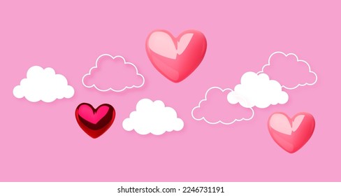 Happy Valentine's day design template with 3D glossy hearts flying in clous