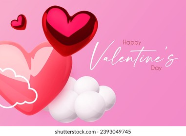 Happy Valentine's day design template with 3D glossy hearts flying in clous