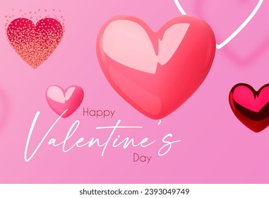 Happy Valentine's day design template with 3D glossy hearts flying in clous