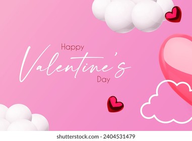 Happy Valentine's day design template with 3D glossy hearts flying in clous