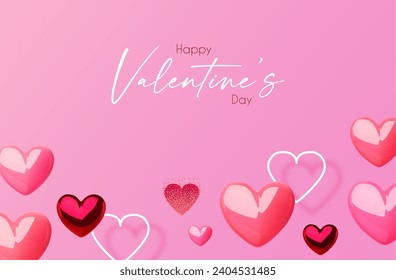 Happy Valentine's day design template with 3D glossy hearts flying in clous