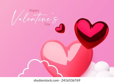 Happy Valentine's day design template with 3D glossy hearts flying in clous