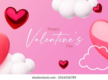 Happy Valentine's day design template with 3D glossy hearts flying in clous