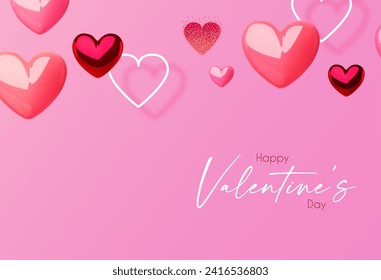 Happy Valentine's day design template with 3D glossy hearts flying in clous