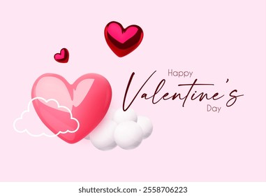 Happy Valentine's day design template with 3D glossy hearts flying in clous