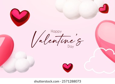 Happy Valentine's day design template with 3D glossy hearts flying in clous