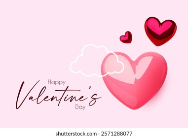 Happy Valentine's day design template with 3D glossy hearts flying in clous