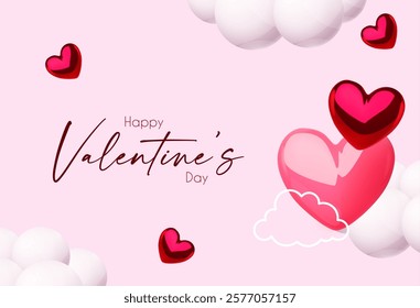 Happy Valentine's day design template with 3D glossy hearts flying in clous