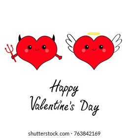 Happy Valentines day. Devil Angel Evil amour. Red heart face head icon set. Trident horn wing nimbus. Cute cartoon kawaii character. Contour symbol. Flat design. Greeting card White background. Vector