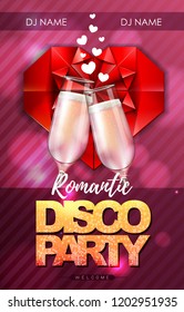 Happy valentines day disco party poster with champagne glasses.