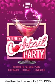 Happy Valentine`s Day disco party poster. Valentine background with cocktail