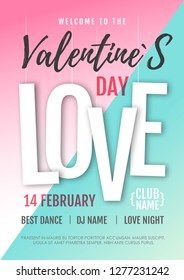 Happy Valentine`s Day disco party poster. Valentine background love heart