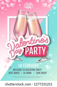 Happy Valentine`s Day disco party poster. Valentine background with cocktail