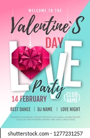 Happy Valentine`s Day disco party poster. Valentine background love heart
