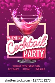 Happy Valentine`s Day disco party poster. Valentine background with cocktail