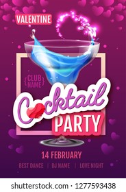 Happy Valentine`s Day disco party poster. Valentine background with cocktail