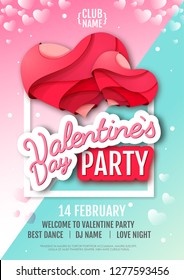 Happy Valentine`s Day disco party poster. Valentine background love heart