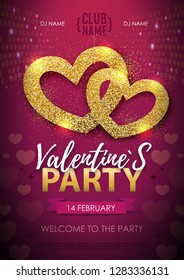 Happy Valentines day disco party poster. Golden sparkle love heart symbol