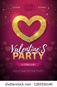 Happy Valentines day disco party poster. Golden sparkle love heart symbol