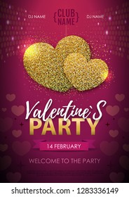 Happy Valentines day disco party poster. Golden sparkle love heart symbol