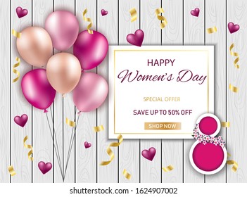 Happy valentines day discount flyer. Beautiful background with realistic balloons on a wooden texture. Vector illustration with balloons and hearts. Sell-out. Vector illustration