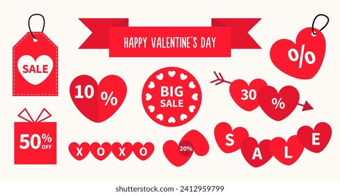 Happy Valentines Day discount price tags. Big sale label red heart icon set. Special offer labels 10 , 50 . Ribbon, gift box, bow, arrow, round love sticker. Holiday promotion. Flat design. Vector