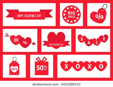 Happy Valentines Day discount price tags. Big sale label red heart icon set. Special offer labels 10%, 50%. Ribbon, gift box, bow, arrow, round love sticker. Holiday promotion. Flat design. Vector