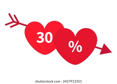 Happy Valentines Day discount price tags. Big sale label. Two red heart with arrow icon set. Special offer labels 30 %. Love sticker. Holiday February promotion. Flat design. Vector illustration
