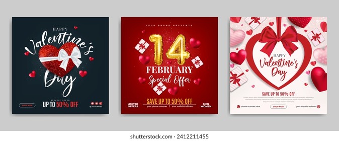 Happy valentine's day discount sale marketing social media post template with realistic love balloon. Business promotion banner or flyer with gift box and ornament. Valentine day typography web poster