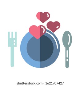 happy valentines day dish and cutleries with hearts vector illustration design