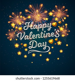 Happy Valentine's Day displayed with fireworks. Vector illustration. Wallpaper, flyers, invitation, posters, brochure banners