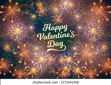 Happy Valentine's Day displayed with fireworks. Vector illustration.