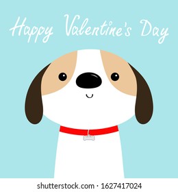 Happy Valentines Day. Dog face head. Red collar. White puppy pooch. Cute cartoon kawaii funny baby character. Flat design style. Help homeless animal Adopt me. Pet adoption. Blue background. Vector