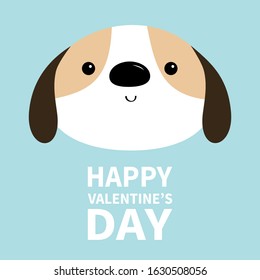 Happy Valentines Day. Dog face head round icon. White puppy pooch. Cute cartoon kawaii funny baby character. Flat design style. Help homeless animal . Adopt me. Pet adoption. Blue background. Vector